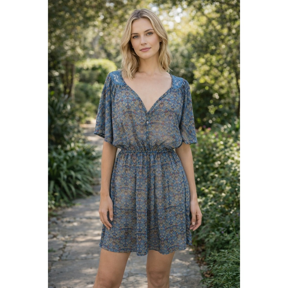 Xhilaration Tunic Dress Women's Size L Paisley V-Neck Elastic Waist 3/4 Sleeve